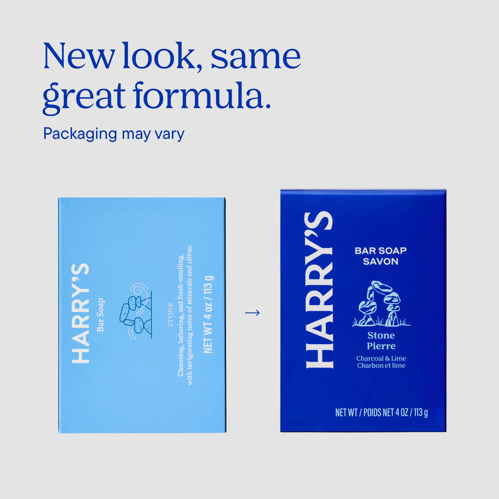 Harry's bar arranged on bathroom shelf showing grooming routine fit