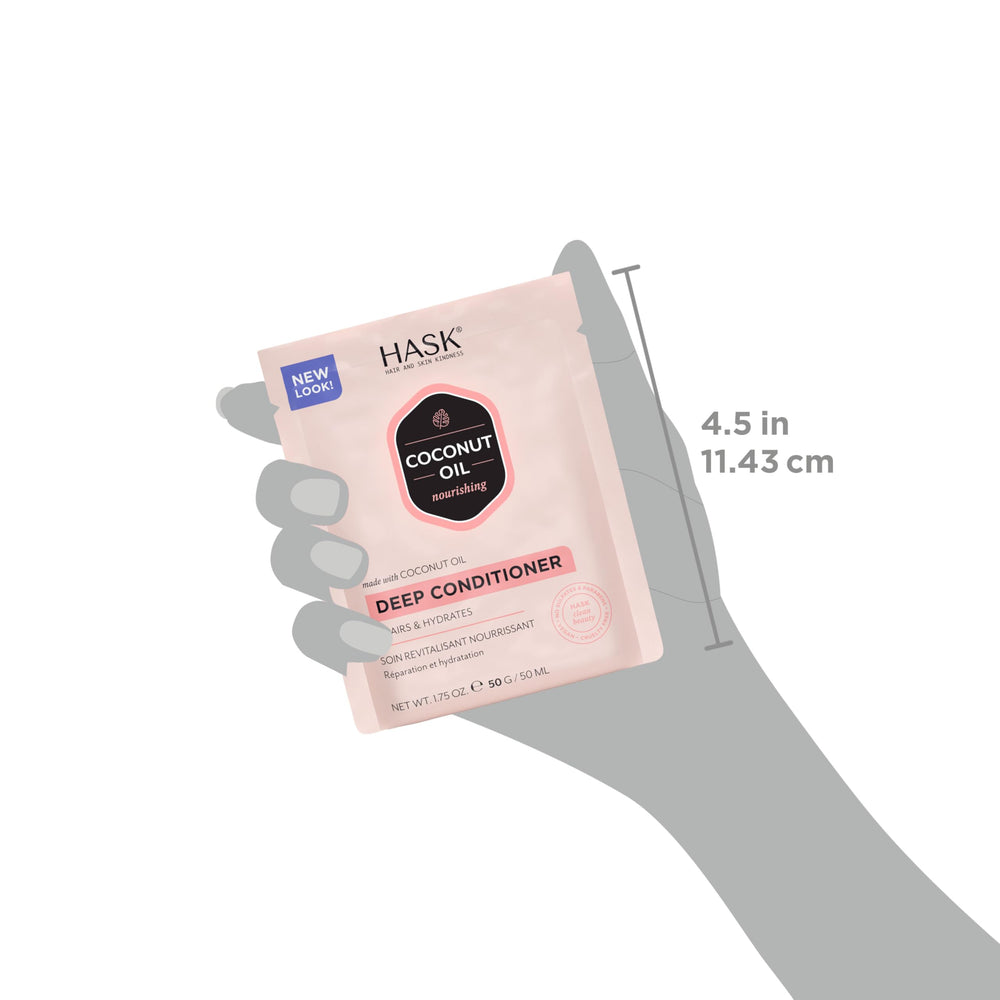 HASK conditioner next to a ruler to indicate pouch size and portion