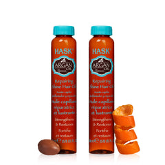 HASK front packaging of argan oil vials showing pack of two and benefits