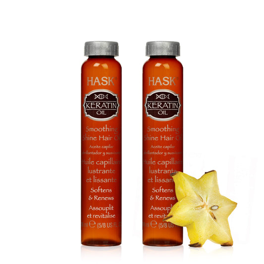 HASK keratin oil front packaging showing two vials for easy travel and shine