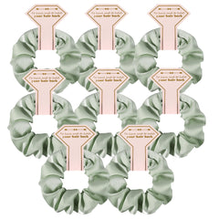 Hasoar front view of eight linen sage scrunchies, elegant gift presentation