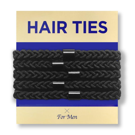 HAVHAF front packaging showing five black braided hair ties, durable and masculine