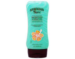 Hawaiian Tropic front bottle showing product branding and tropical packaging for easy recognition