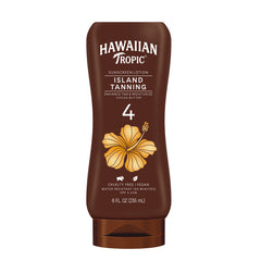 Hawaiian Tropic front label showing 8 oz bottle and SPF 4 for quick recognition
