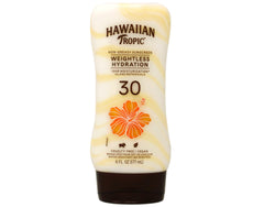 Hawaiian Tropic front packaging SPF 30 showing bottle and branding benefits