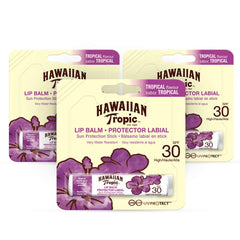 Hawaiian Tropic front packaging showing three SPF 30 lip balms for quick protection