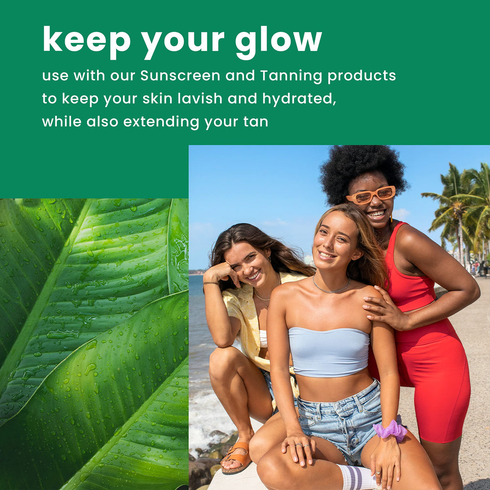 Hawaiian Tropic botanicals flatlay with aloe and fruit imagery emphasizing soothing ingredients