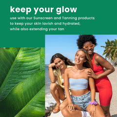 Hawaiian Tropic botanicals flatlay with aloe and fruit imagery emphasizing soothing ingredients
