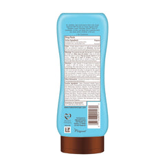 Hawaiian Tropic label close-up emphasizing oxybenzone-free broad-spectrum protection benefit