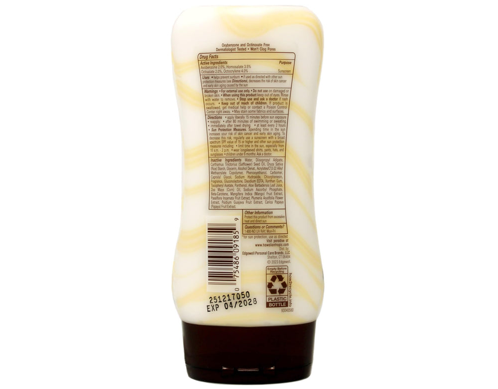 Hawaiian Tropic open cap dispensing lotion with lightweight texture and quick absorption