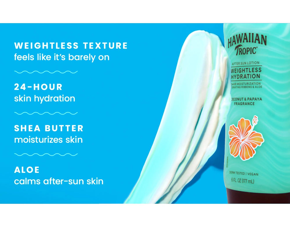 Hawaiian Tropic next to sunglasses to show compact 6oz travel-friendly size