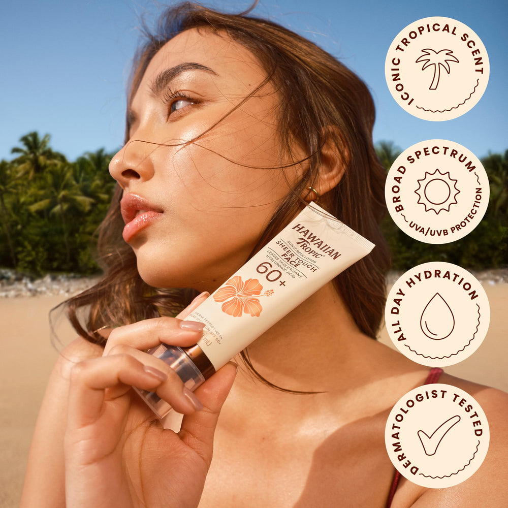 Hawaiian Tropic label detail highlighting vegan and ingredient benefits