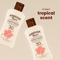Hawaiian Tropic bottle cap open with lotion dispensed for easy application benefit
