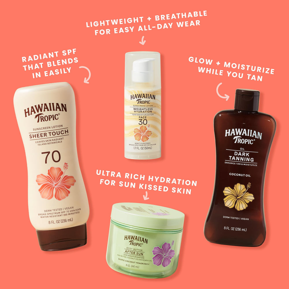 Hawaiian Tropic bottle next to sunglasses showing 8 fl oz size benefit