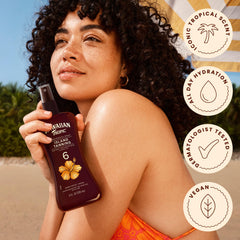 Hawaiian Tropic 8 oz bottle next to hand to show exact size and travel convenience