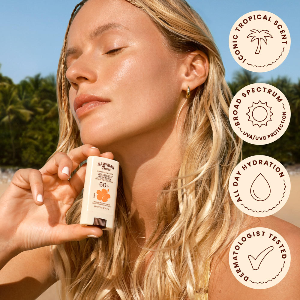 Hawaiian Tropic label close-up highlighting ingredients and dermatologist-tested benefit