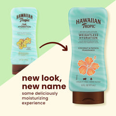 Hawaiian Tropic lotion texture close-up showing dual-ribbon cream for smooth application