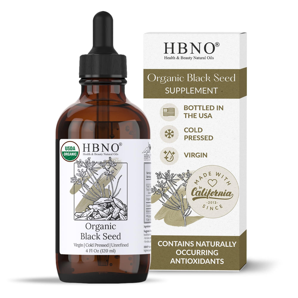 HBNO front label on 4oz glass bottle showing certified organic credentials and clarity