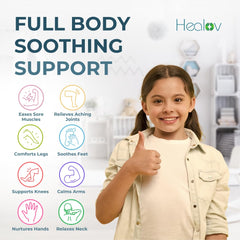 Healov applying lotion to child legs demonstrating soothing muscle comfort benefit