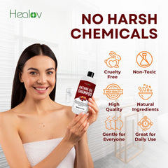 Healov bottle staged on bathroom shelf to convey daily routine benefit