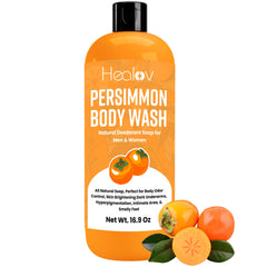 Healov bottle front view showing persimmon body wash and deodorizing benefit