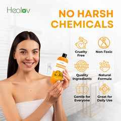 Healov persimmon shampoo on bathroom shelf suggesting daily freshness