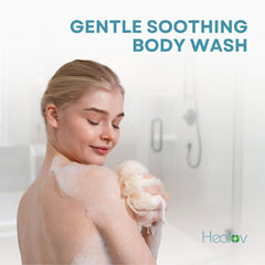 Healov texture close-up emphasizing creamy lather and moisturizing feel