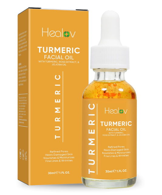 Healov turmeric oil front bottle showing label and natural ingredients for brightening