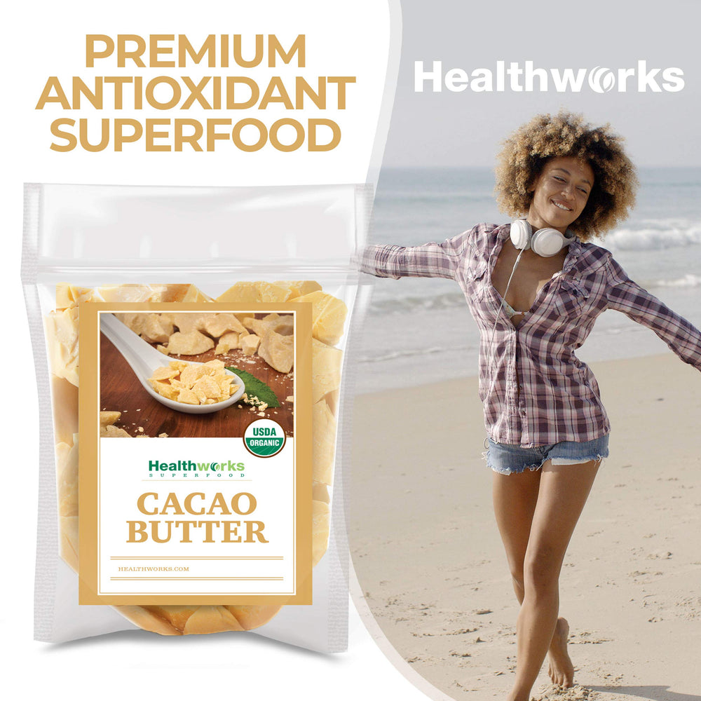 Healthworks cacao butter in baking bowl illustrating richness for desserts