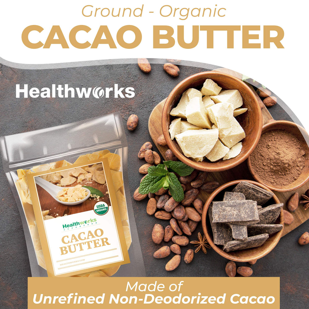 Healthworks cacao butter poured into spoon demonstrating meltability for recipes
