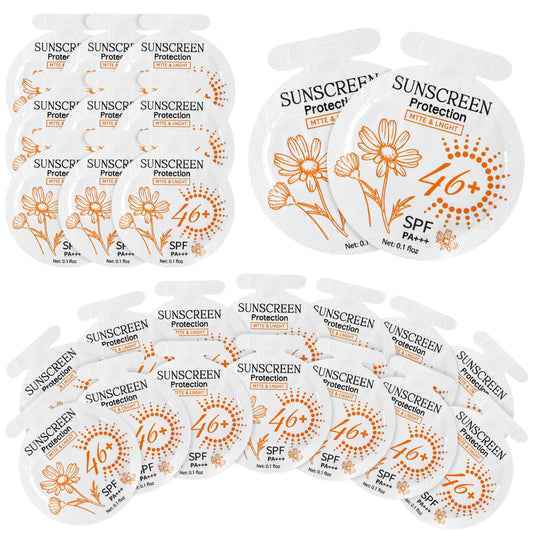 Heigble front view of 30 sunscreen packets showing compact convenience and quantity