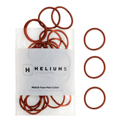Heliums front pack showing auburn mini hair ties and quantity for reliable use