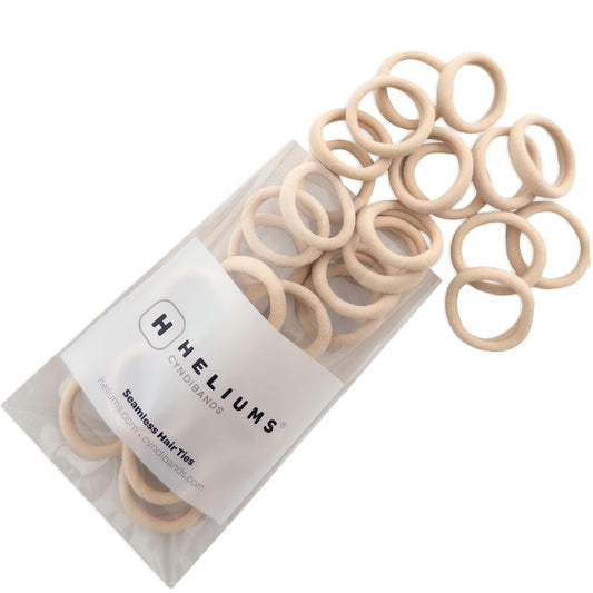 Heliums pack front view showing 30-count blonde mini hair ties and label benefits