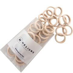 Heliums pack front view showing 30-count blonde mini hair ties and label benefits