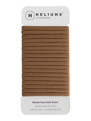Heliums front packaging showing light brown hair ties and 18-pack benefit
