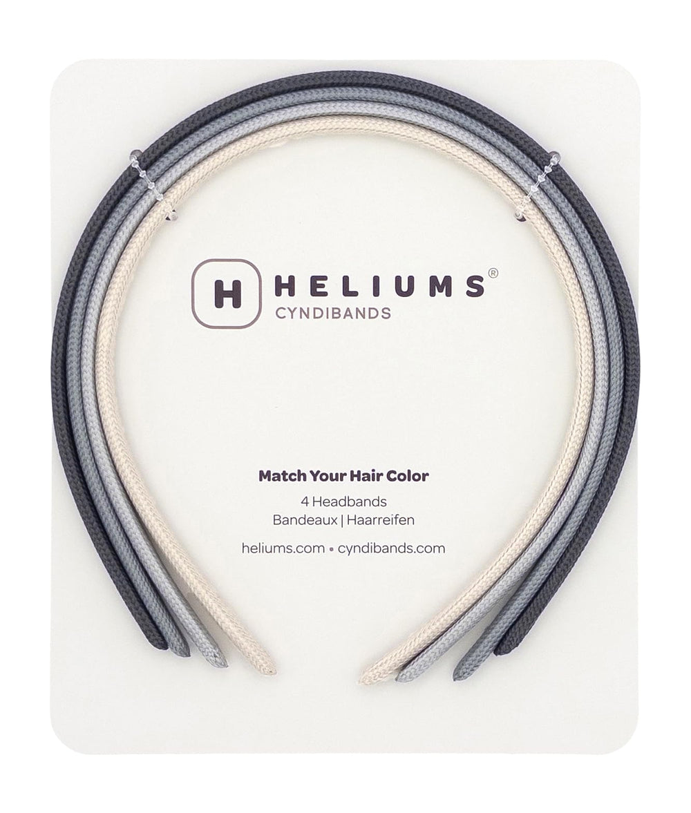 Heliums front view packaging showing four neutral headbands and compact pack benefit