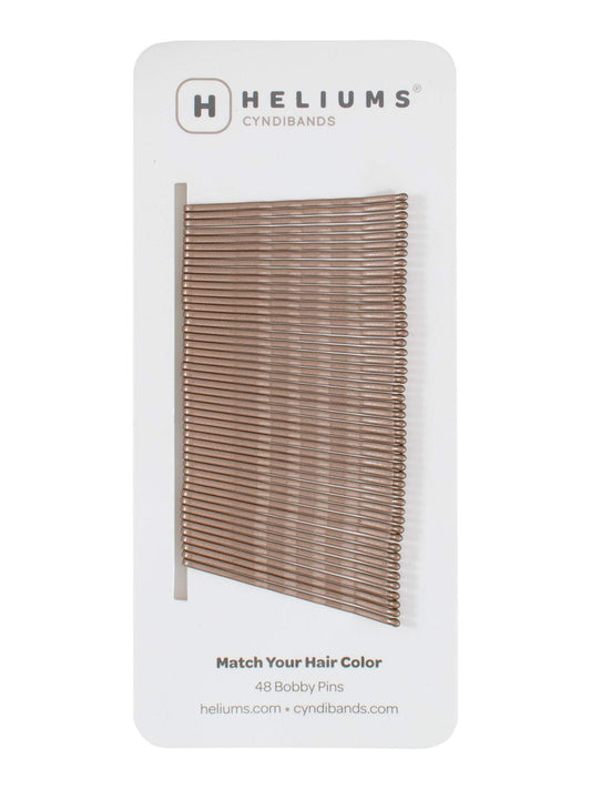 Heliums front packaging showing 48 count light brown bobby pins, blends with hair