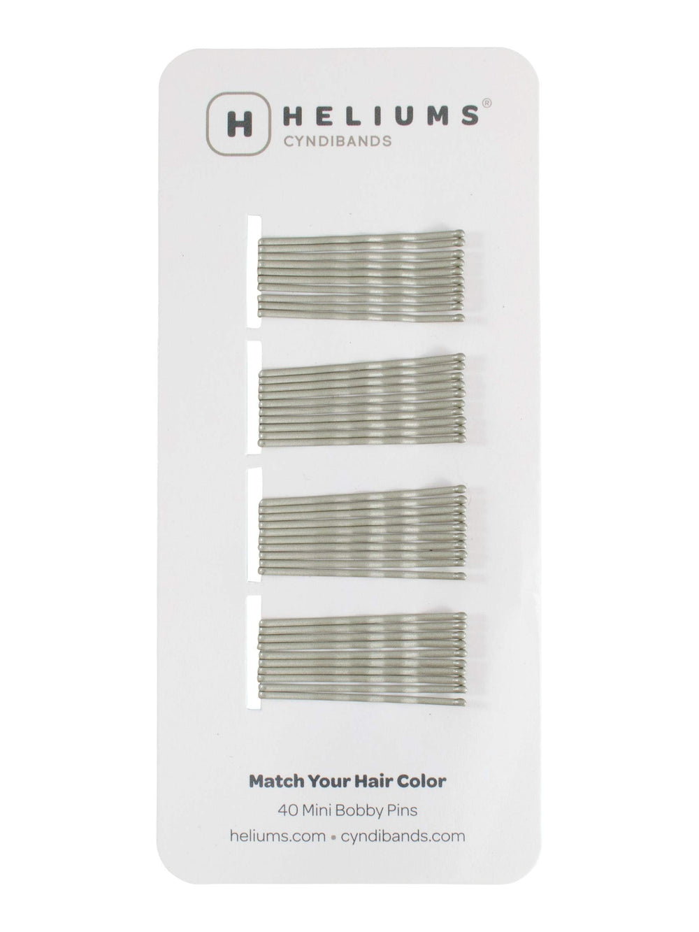 Heliums front packaging showing 40 matte gray mini bobby pins, convenient storage