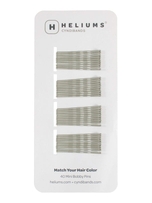 Heliums front packaging showing 40 matte gray mini bobby pins, convenient storage