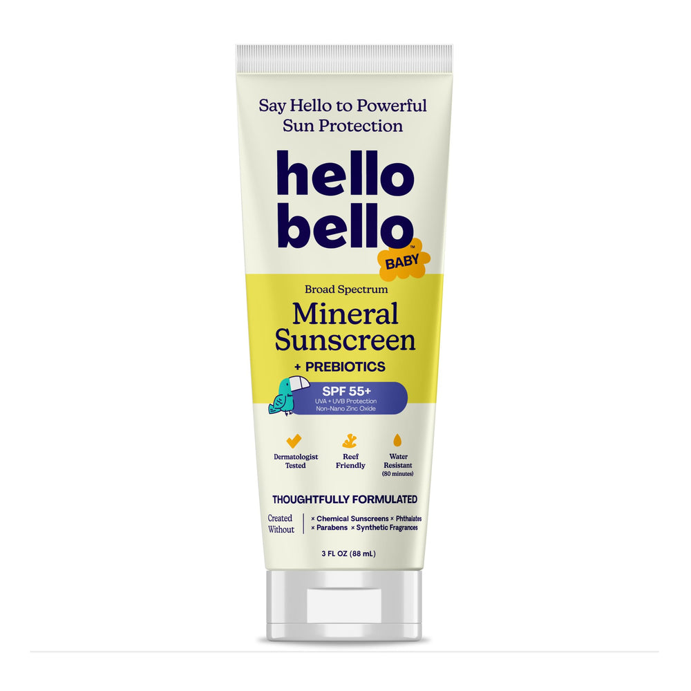 Hello Bello front tube showing label and SPF 55 protection