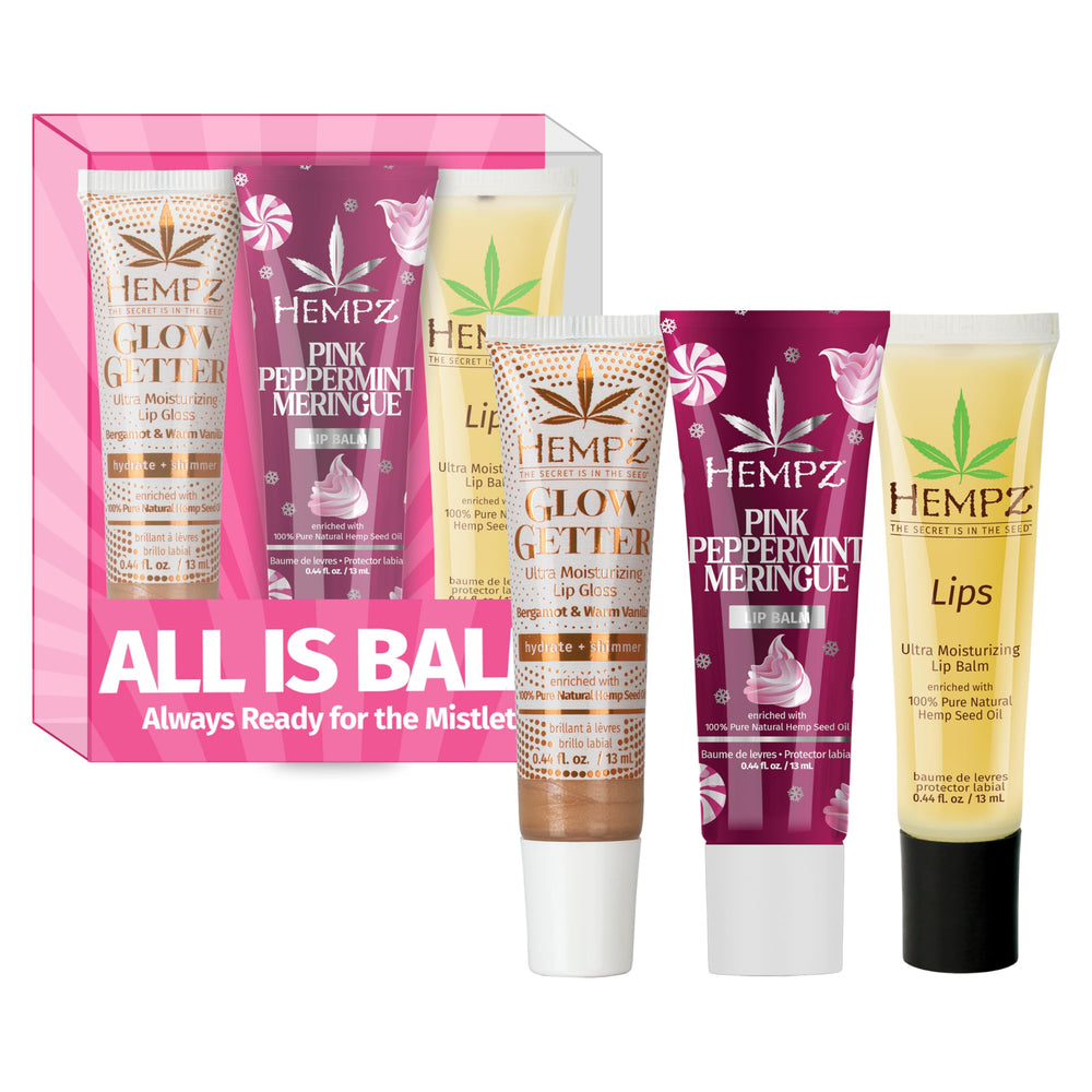 Hempz kit front view showing all three tubes and seasonal packaging, hydrates lips