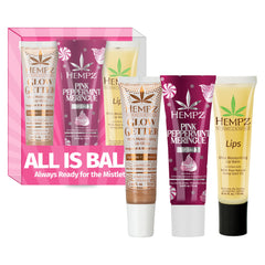 Hempz kit front view showing all three tubes and seasonal packaging, hydrates lips