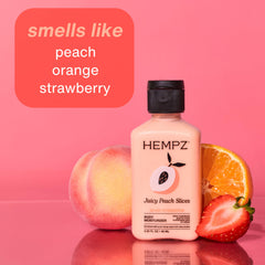 Hempz mini juicy peach ingredients label highlighting hemp seed oil and shea butter benefits