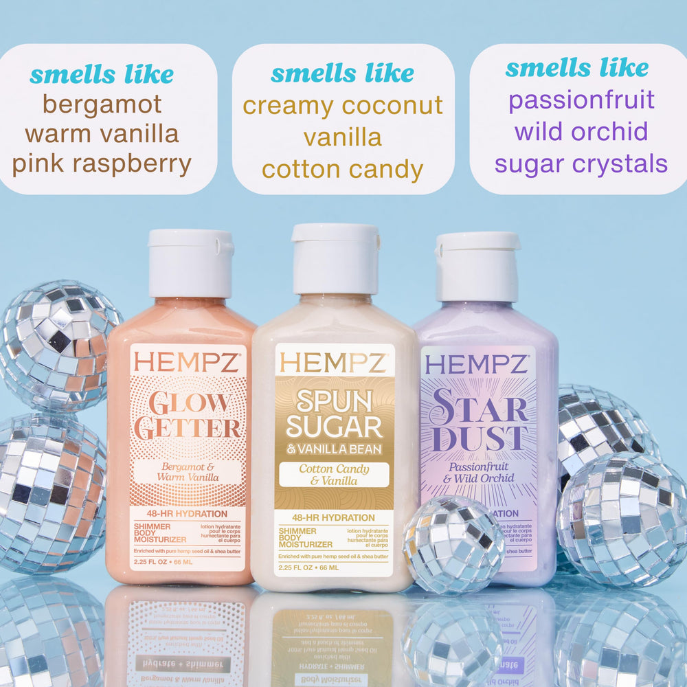 Hempz lotion texture close-up showcasing shimmer particles and moisturizing finish