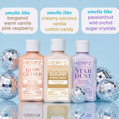Hempz lotion texture close-up showcasing shimmer particles and moisturizing finish