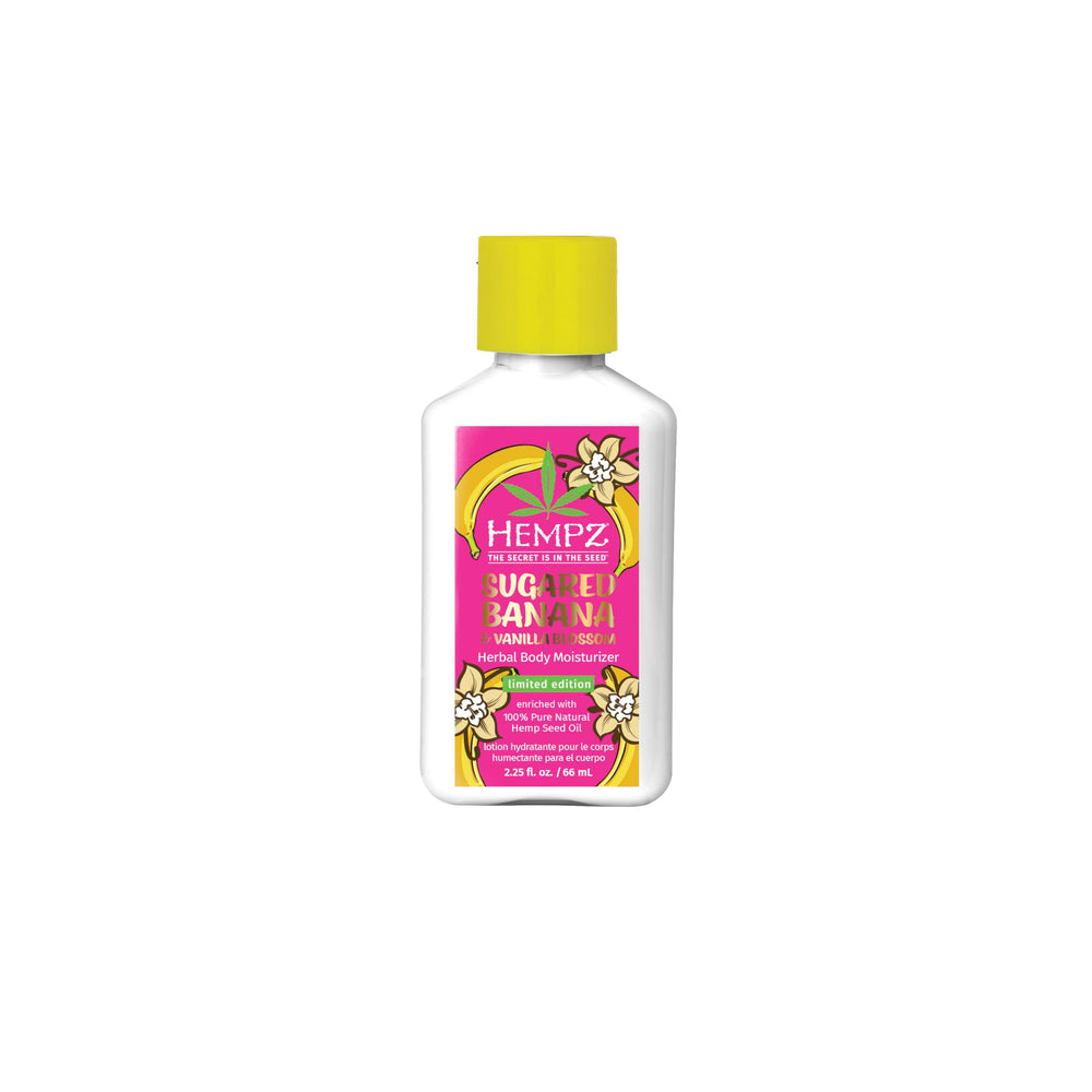 Hempz front bottle showing sugared banana vanilla fragrance and benefits
