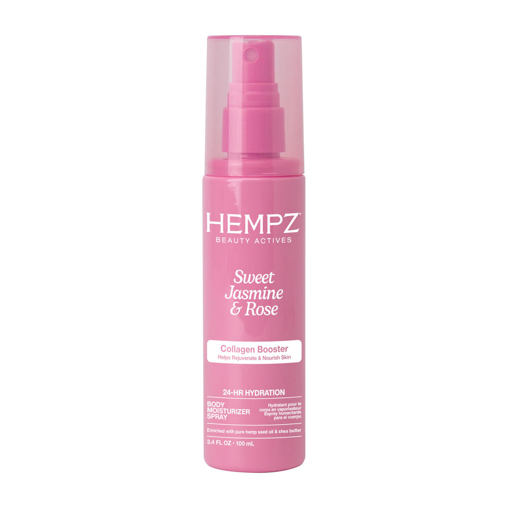 Hempz bottle front view showing travel-friendly 3.4oz and floral design