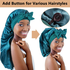 Heniho bonnet tied on model demonstrating secure fit and comfortable overnight wear