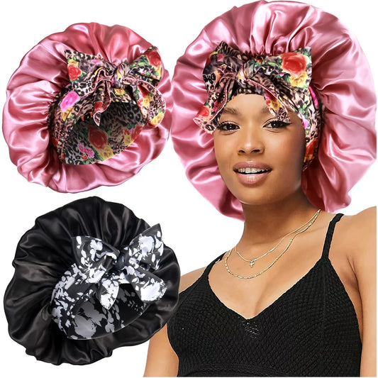 Heniho front view of two silky bonnets showing roomy fit and color