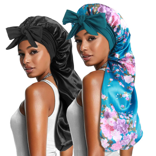 Heniho front view of two long satin bonnets showing roomy fit and colors